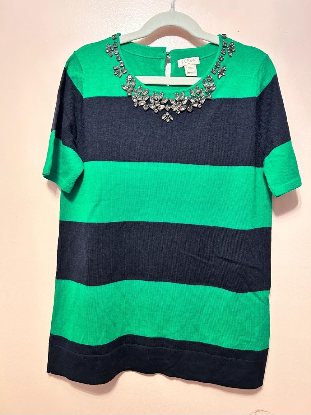 J. Crew Green and Navy Striped Short-Sleeve Jewel Neck Top